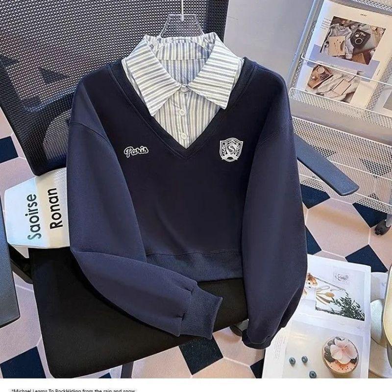 Plus Size Two-Piece Patchwork Polo Neck Sweatshirt - Women's Loose Slimming College Style for Spring & Autumn