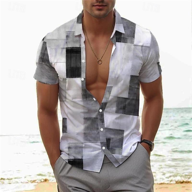 Men's Summer Shirt Vintage Patchwork Printed Button Lapel Short Sleeve Shirt Tropical Vacation T Shirt Fashion Soft Men Clothing