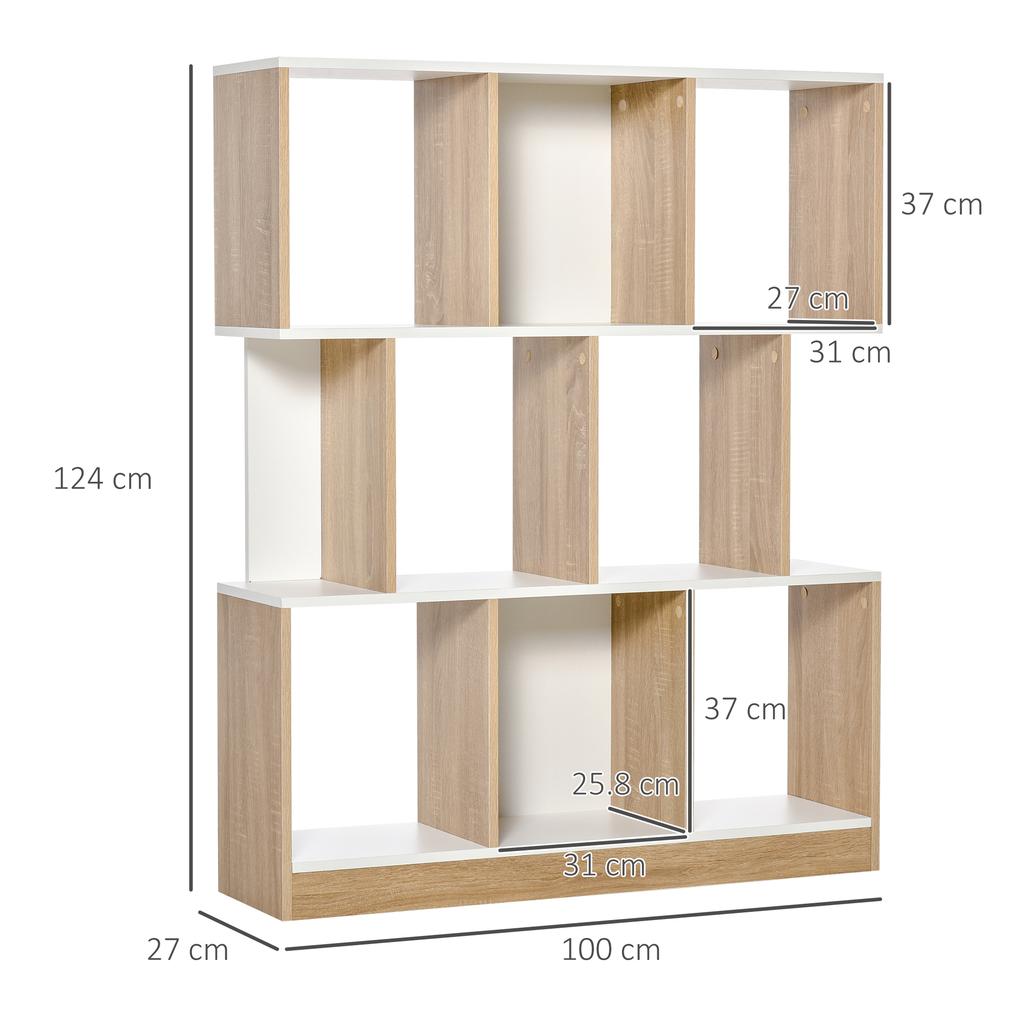 8-Shelf Bookcase Furniture for Living Room and Bedroom, in Wood, 100x27x124 cm, Oak and White