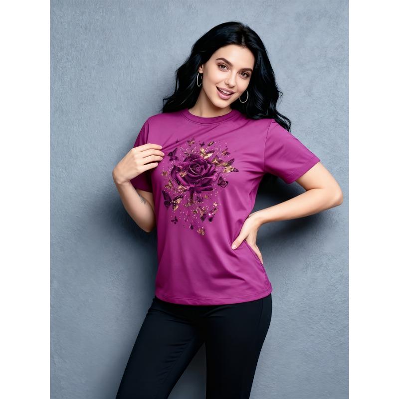 Women s Butterflies & Roses Print Short-Sleeve T-Shirt (Spring/Summer, Casual/Dressy) S