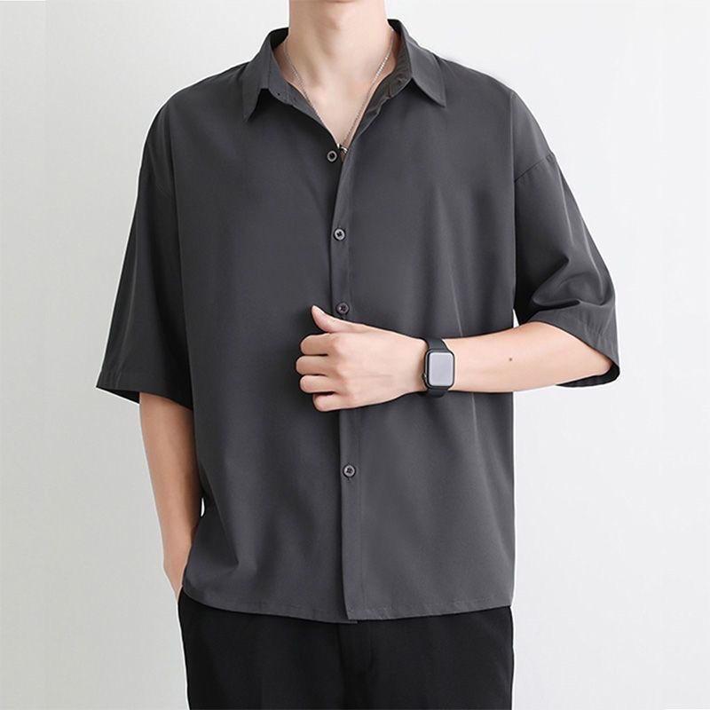 Silk Drooping Free Solid Color Versatile Shirt Dk Men's Trendy Handsome High-end Hong Kong Style Short-sleeved Handsome Shirt