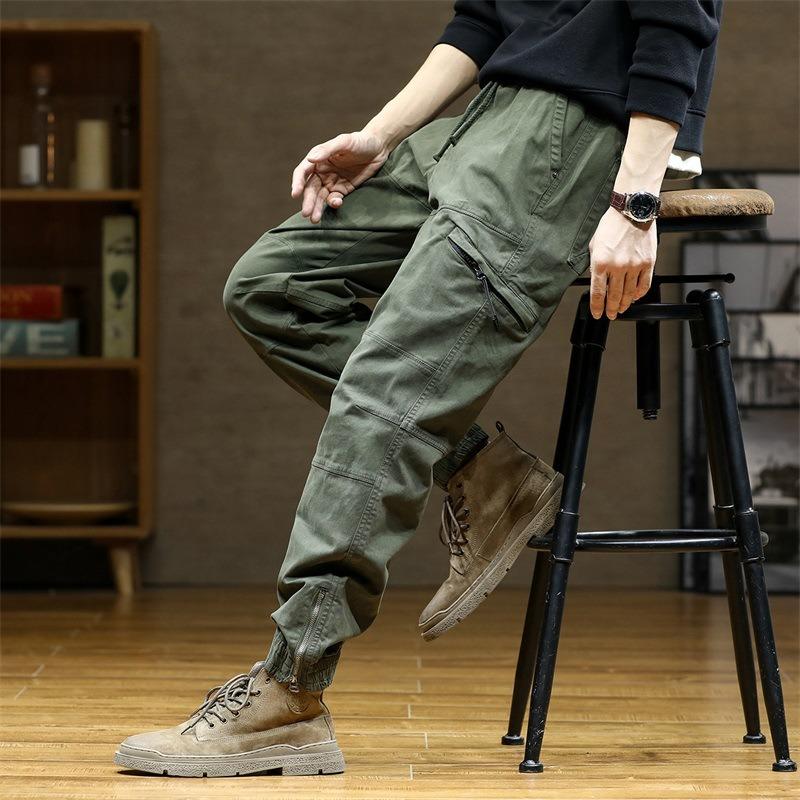 Green Men's Functional Overalls Pure Cotton Solid Color Elastic Texture Leggings Trendy Brand Multi-bag Fashion Casual Trousers