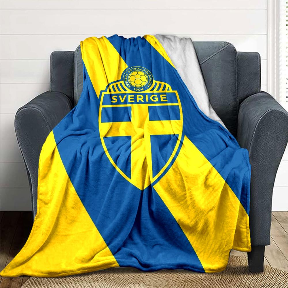 Sweden National Football Team Crest Blue Yellow Diagonal Print Flannel Blanket Soccer Graphic Soft Throw Blanket Football Fan Home Decor