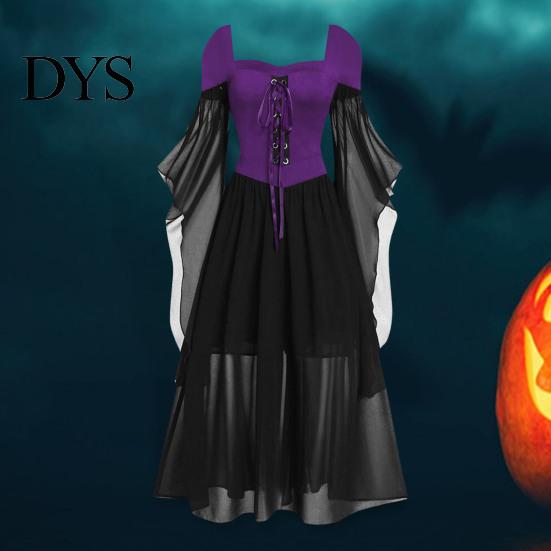 Wave Collar Dress Vinatge Women Irregular Horn Sleeve Solid Color A-line Big Hem Slim Square Neckline Waist Pleated Lace-up Strap Medieval Halloween