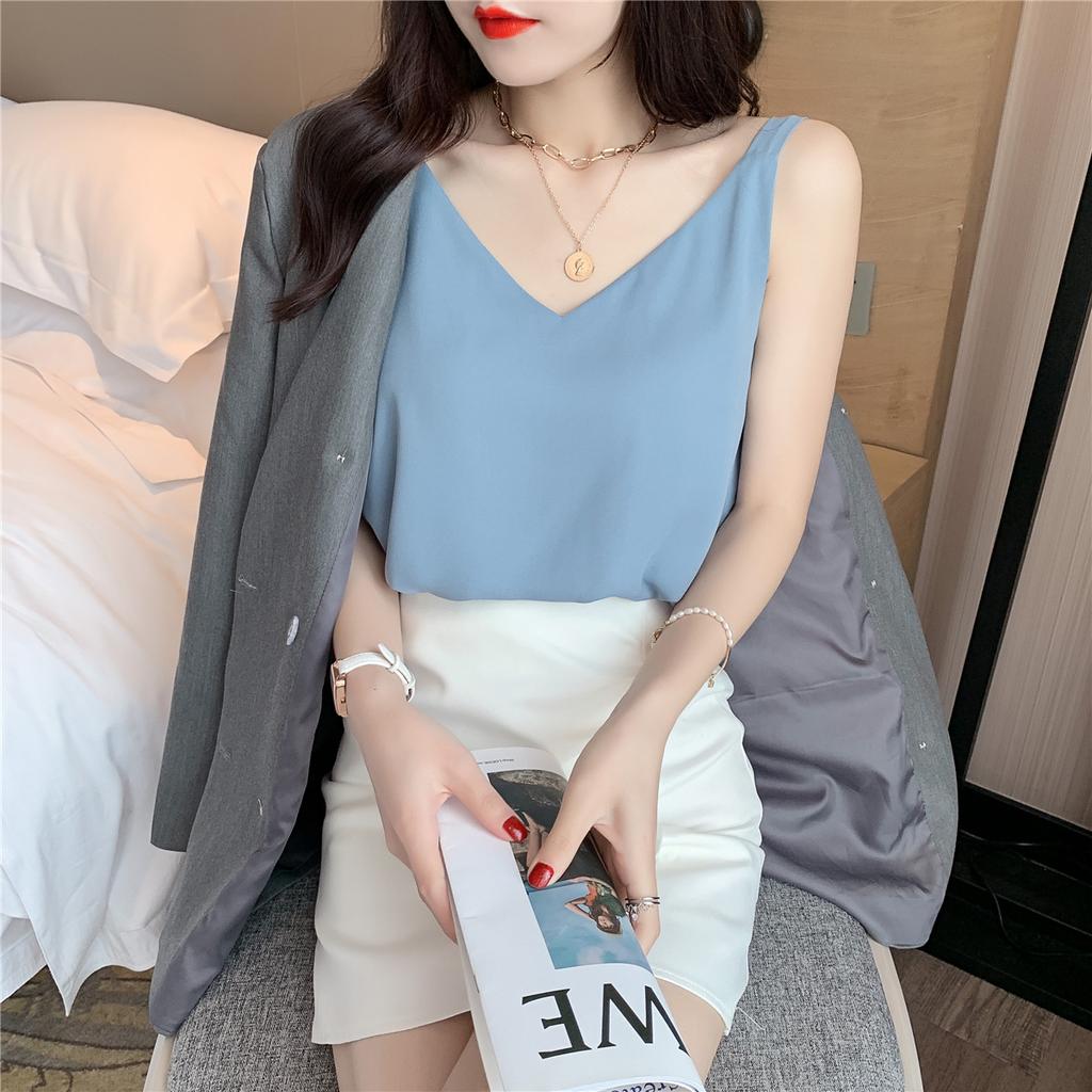 Chiffon Halter Vest Women's Summer V-neck Double-layer Loose Slimming Outside Wear with White Bottom Shirt Top