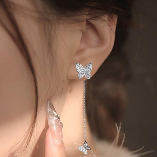 1 Pair Drop Earrings for Women, Micro-Paved Cubic Zirconia Double Butterfly Tassel Design Stud Earrings, Long Drape Statement Earrings
