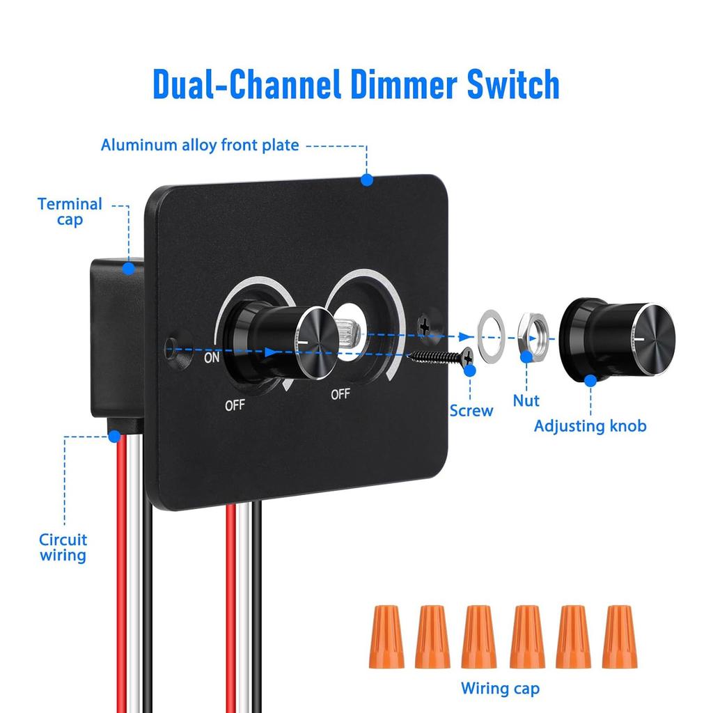 Compact Rotary Dimmer Switch Dual Knob LED Dimmer 60W Capacity Energy Efficient Car Van Installation For LED Lights