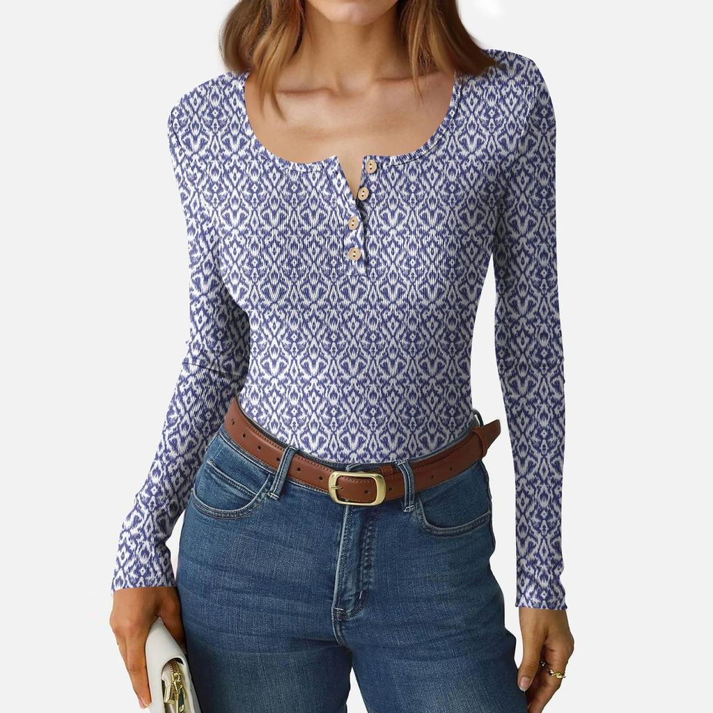 Camiseta de Fondo Delgado para Mujer Moda Casual Estampado Degradado Cuello Redondo Jersey Manga Larga Top