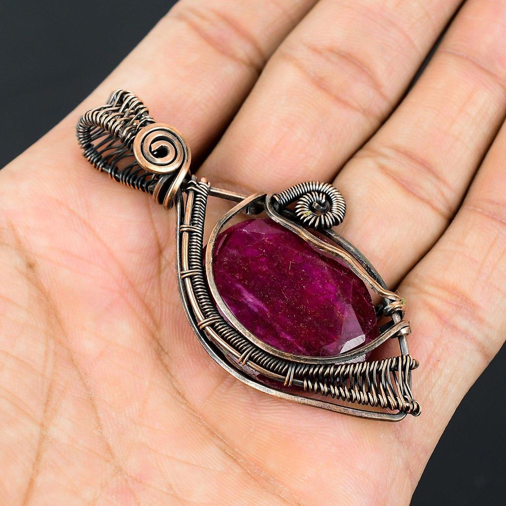 Lab-Created Red Ruby Gemstone Pure Copper Wire Wrapped Handmade Pendant Jewelry