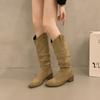 Brown V-mouth Boots Women's 2025 Spring New Thick Heel Suede Tall Knight Boots Popular Western Pile Boots