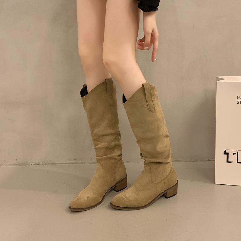 Brown V-mouth Boots Women's 2025 Spring New Thick Heel Suede Tall Knight Boots Popular Western Pile Boots