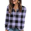 Women's Fashion V-Neck Button-Up T-Shirt With Check Print Long Sleeves