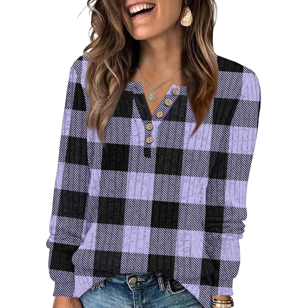 Women's Fashion V-Neck Button-Up T-Shirt With Check Print Long Sleeves