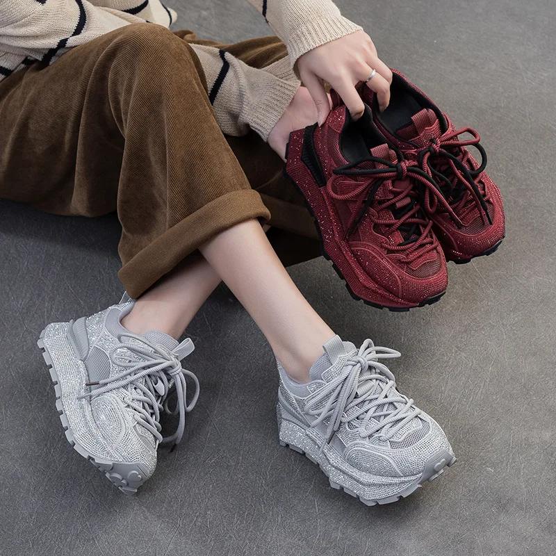 Fashion 5.5CM Fashion Women Breathable Air Mesh Shoes 2025 Summer Thick Sole Platform Casual Sneakers Shining Rhinestone Round Toe Shoes