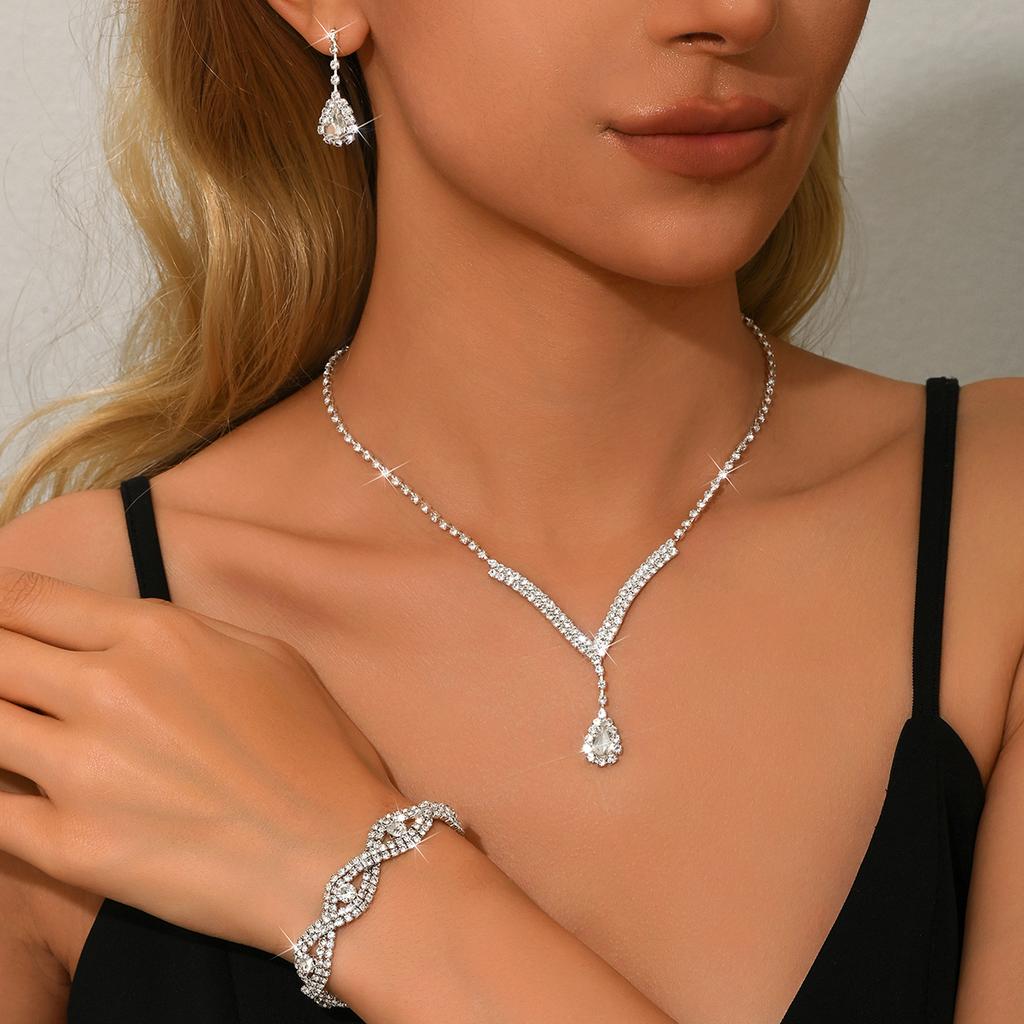 4PC Women's Fashion Water Drop Necklace Earrings Bracelet Zircon Set Suitable for Wedding, Party, Festival Gifts