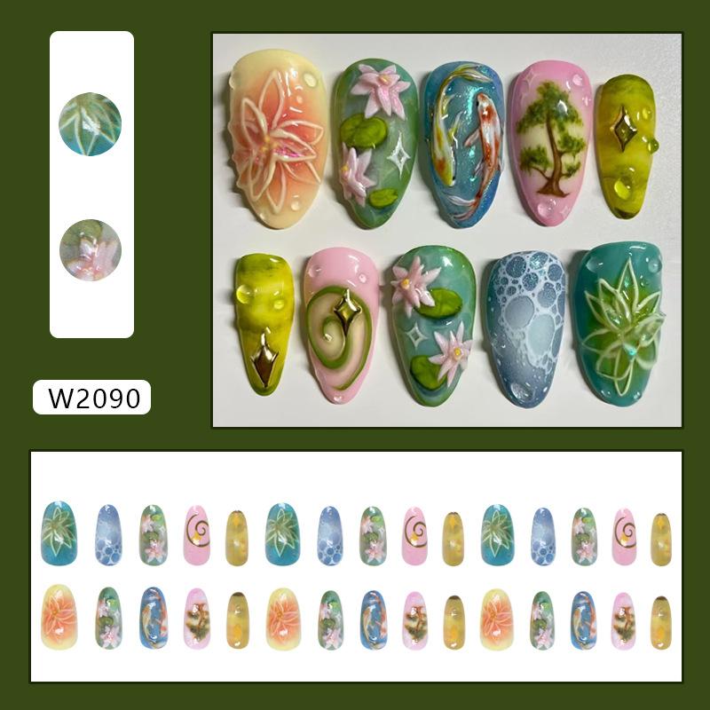 

Three-dimensional fresh lotus good luck koi European and American ins wind removable wearing armor 30 pieces press on nails