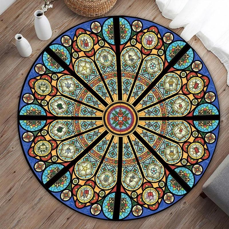 Round Area Rug Creative Mandala Geometric Floral Print Carpet Soft Non Slip Floor Mat For Living Room Bedroom Home Decor