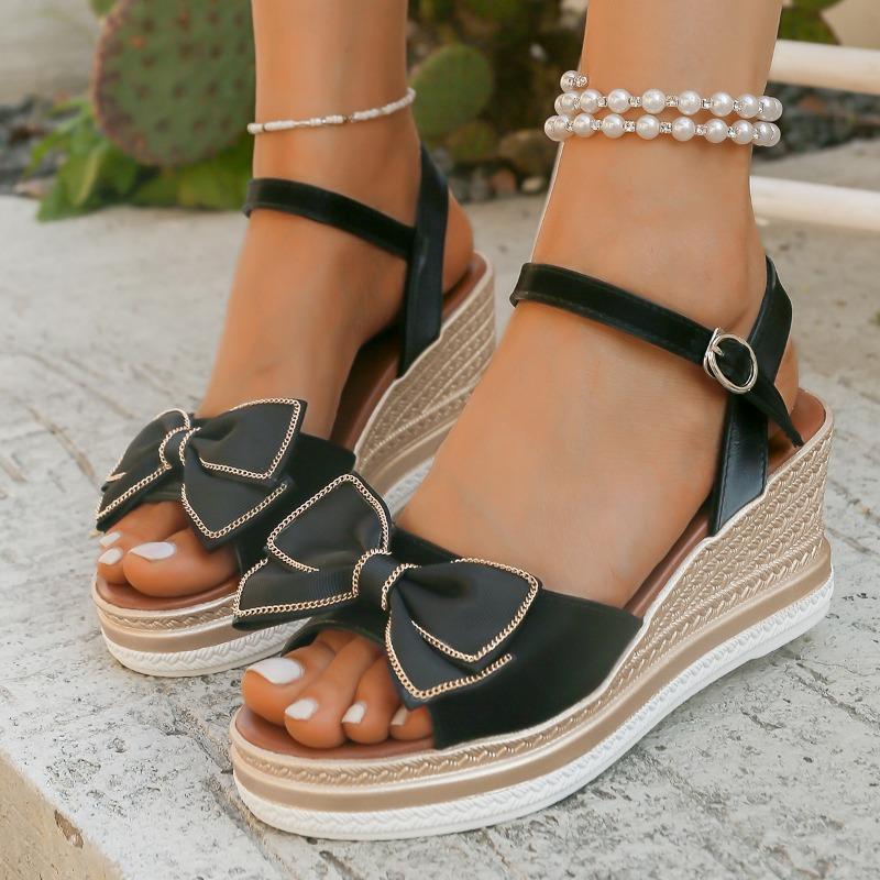 Slope Heel Sandals Women's New Summer Platform Muffin Shoes Round Head Open Toe Fashion Bow Large Size Women's Shoes