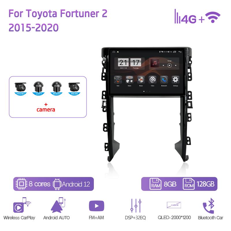 11.6Inch For Toyota Fortuner 2 2015-2020 Car Multimedia Player GPS Navigation Radio Android12 8+128G 8Core CarPlay 4G 360Camera