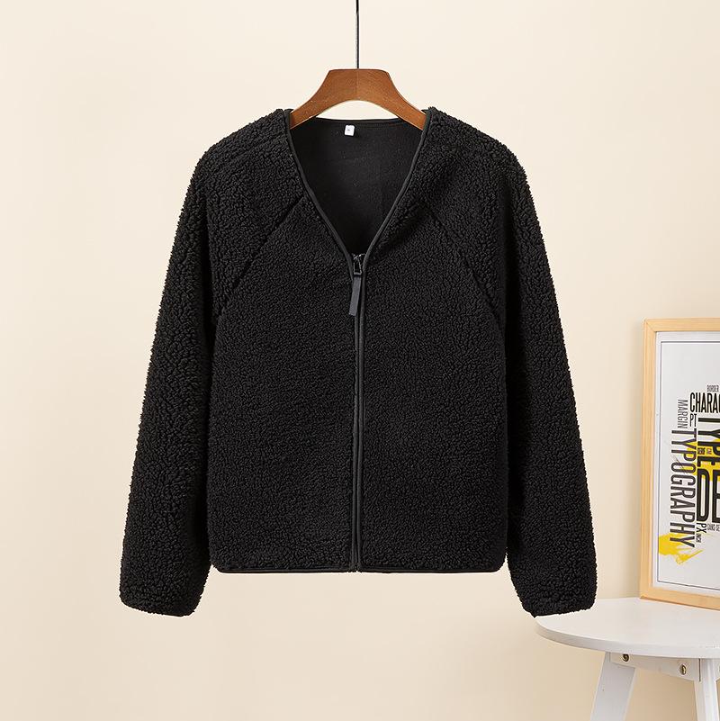 Women Autumn Winter Lamb Fur Solid Thick Warm V-Neck Long-Sleeved Casual All Match Female Outwear Jackets