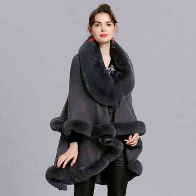 Black Grey Winter Warm Faux Fox Fur Long Knitted 2 Layer Poncho Cape Big Fur Neck Cloak Women Loose Cardigan Out Streetwear Coat