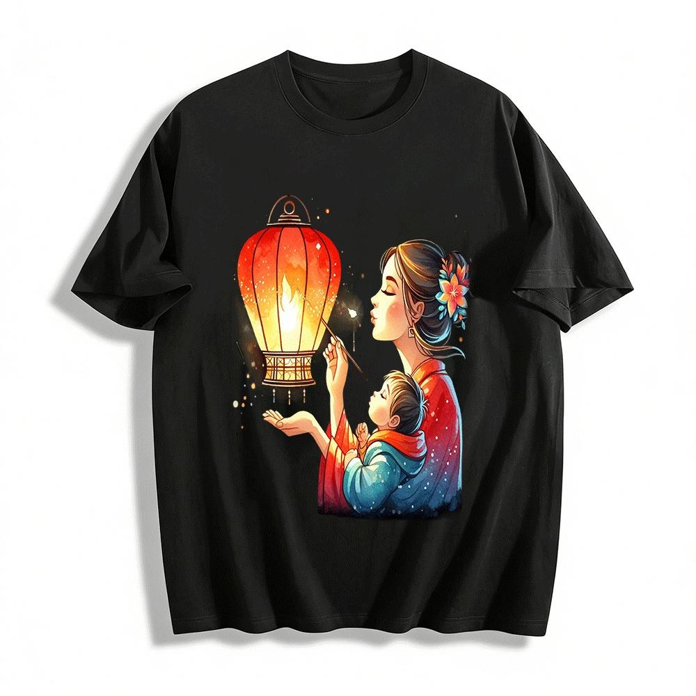 Mother Child Lantern Print Chinese Style Family Matching Tops Pure cotton T-shirt XXS