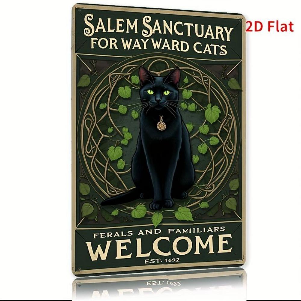 Vintage Witch Black Cat Metal Tin Sign HeavyDuty Iron Gothic Knots Feral Cats Welcome Sanctuary