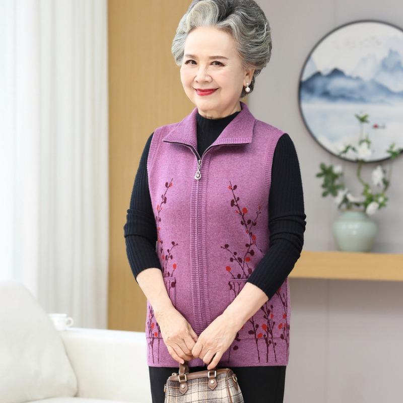 Middle-aged and Old Women's New Vest Jacket Zipper Cardigan Vest Mother Autumn and Winter Casual Vest Grandma Vest