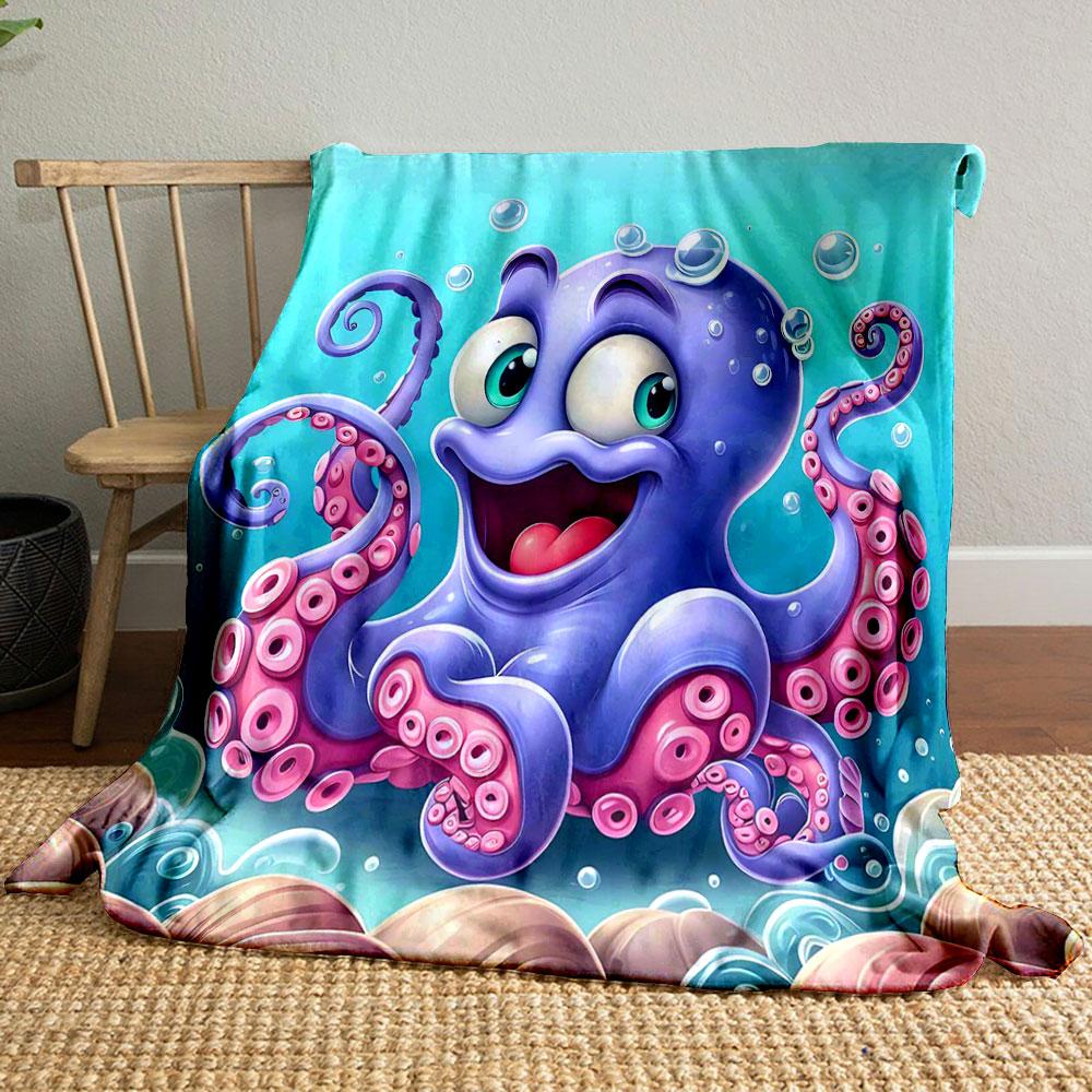 Happy Cartoon Octopus Underwater Scene Patterned blanket, flannel, suitable for all seasons, home decor, warm and cozy