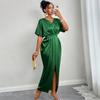 Women'S Summer New Elegant V-Neck Short-Sleeve High-Waisted One-Piece Slit Dress Long