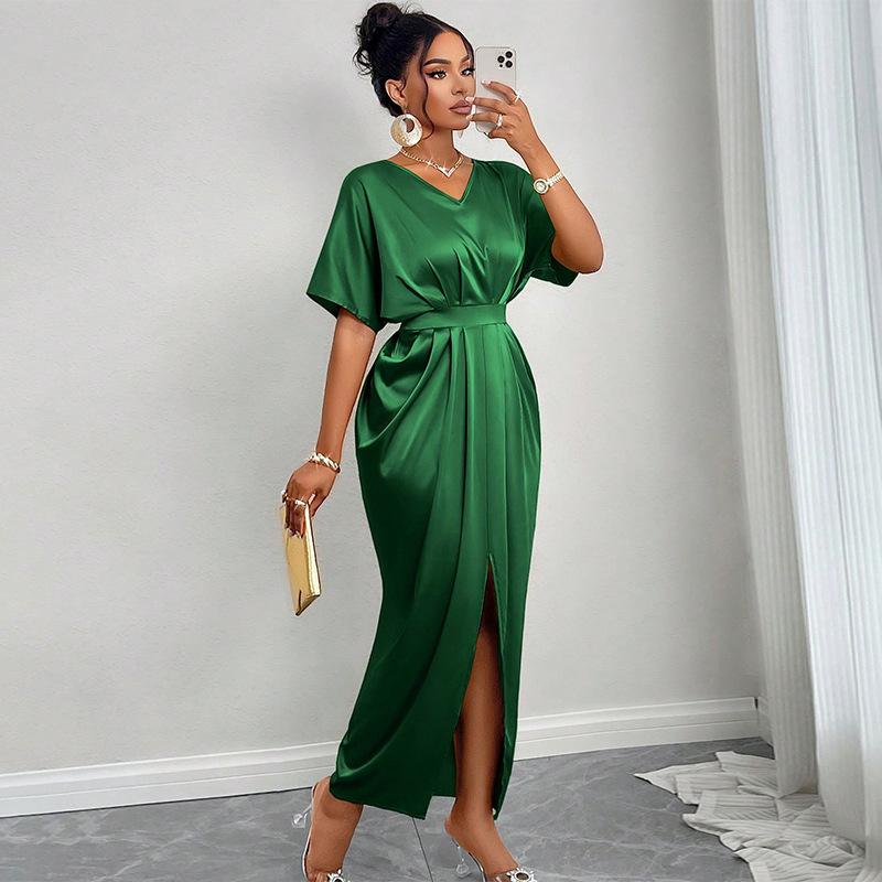 Women'S Summer New Elegant V-Neck Short-Sleeve High-Waisted One-Piece Slit Dress Long