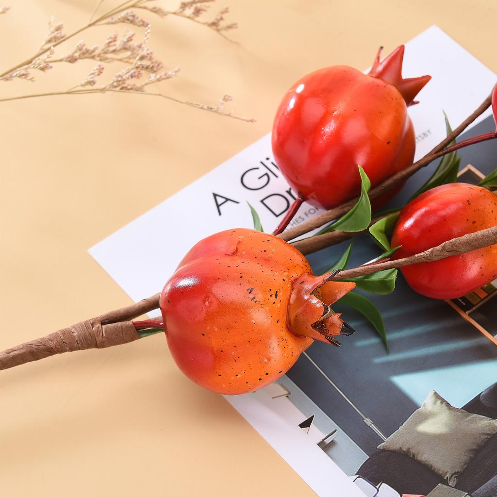 Artificial Pomegranate Branch with Red Fruit Green Leaves Simulated Decoration for Home