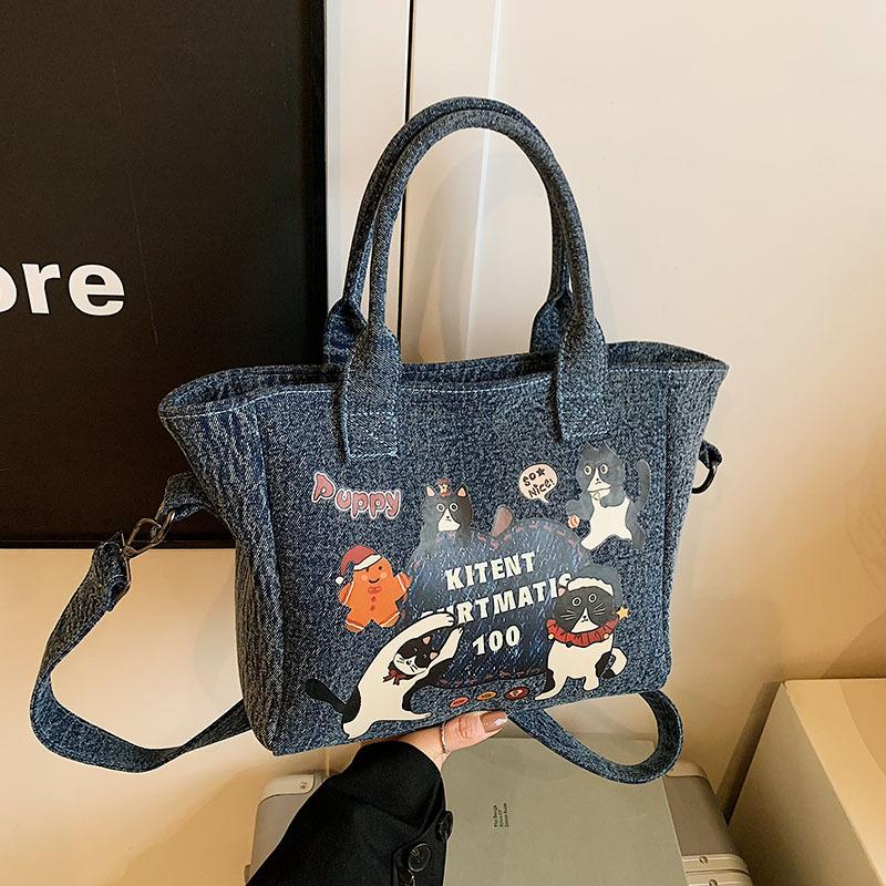 Cartoon Denim Bag Women's New Fashion Portable Tote Bag Casual Large-capacity Bag