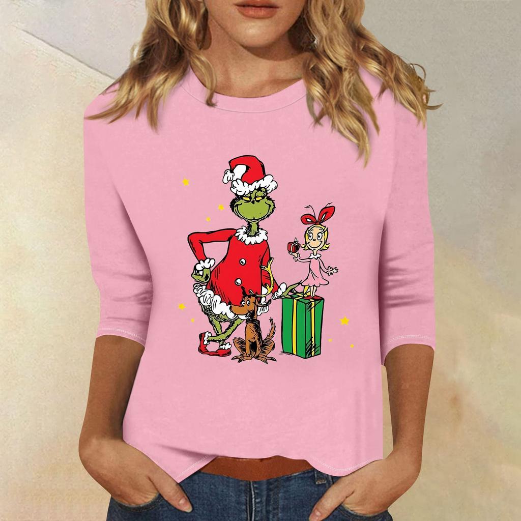 3/4 Sleeve Tops For Women T-Shirt Casual Christmas Print Tops T Shirt Round Neck Pullover Blouse