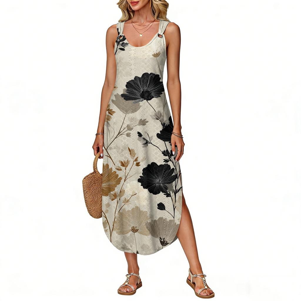 Damen Sommer Langes Kleid, Ärmellos Mit Seitenschlitzen, Langes Camisole-Kleid Mit Blumendruck