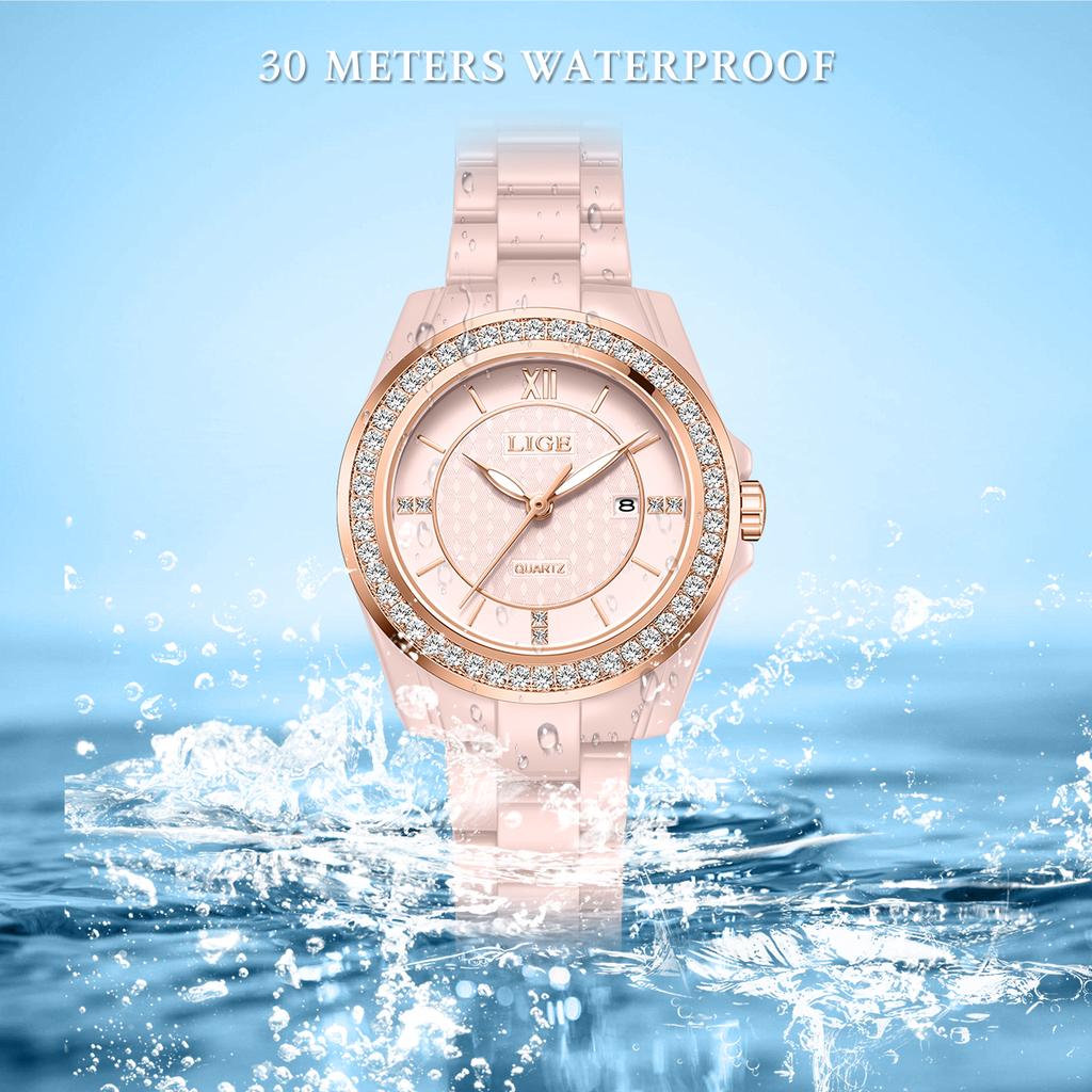 LIGE Luxus Damen Uhr Wasserdicht Mode Quarz Damen Armbanduhr Datum Rosa Vollkeramik Damen Uhren Relojs+GESCHENKKARTE