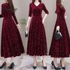 Long Dress V Neck Sleeves Waist Tight A-Line Unique Pattern Women Spring Autumn Pleated Loose Hem Solid Color Velvet Maxi Party