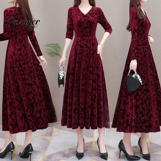 Long Dress V Neck Sleeves Waist Tight A-Line Unique Pattern Women Spring Autumn Pleated Loose Hem Solid Color Velvet Maxi Party