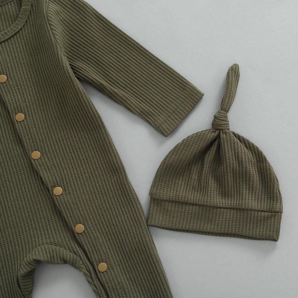 Nou-născut fetiță băiat salopetă Body cu mânecă lungă Waffle Footie Salopetă Onesie Toamna Iarnă ținută Haine cu pălărie