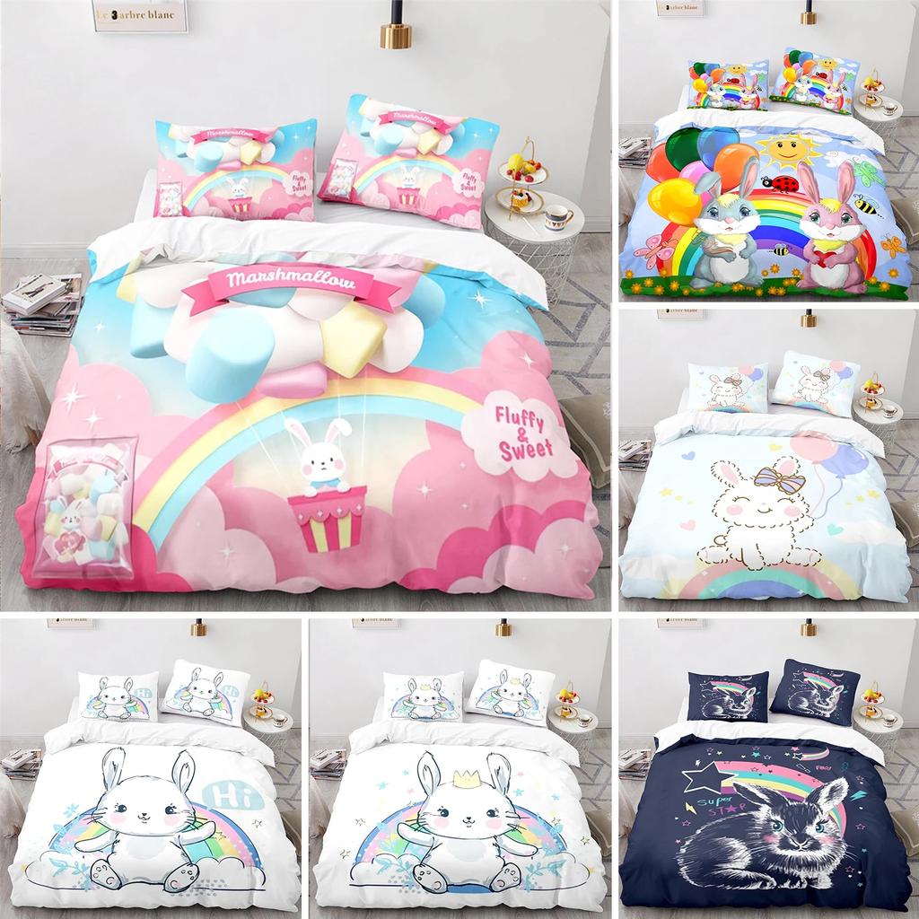 Copripiumino Animali Cartoni Animati Simpatico Set Letto Coniglio Arcobaleno Microfibra Fauna Selvatica Copripiumino Misura Singola Per Bambine Bambini Stanza Kawaii