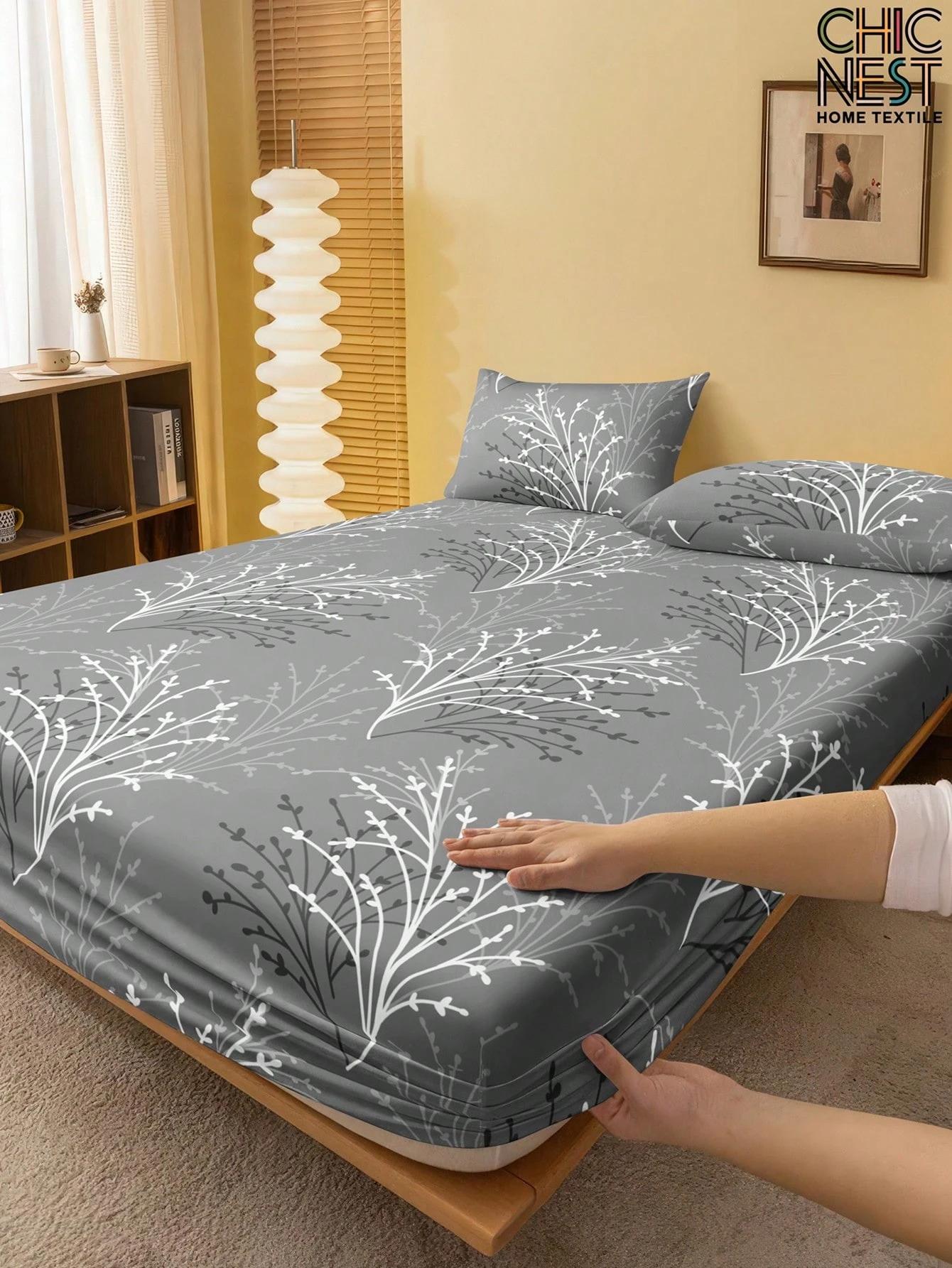

3PCS Gray Fitted Sheet Set Modern Style White Tree Branche Leaf Pattern Print Flat Sheet With 2Pillowcases For Dormitory Decor 153x203x25cm