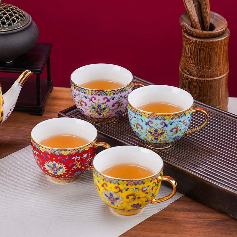 4pcs Jingdezhen Ceramic Tea Cup with Trim Enamel Color Gold-painted Coffee Cup and Saucer Set Household Bone China Tea Set set of 4