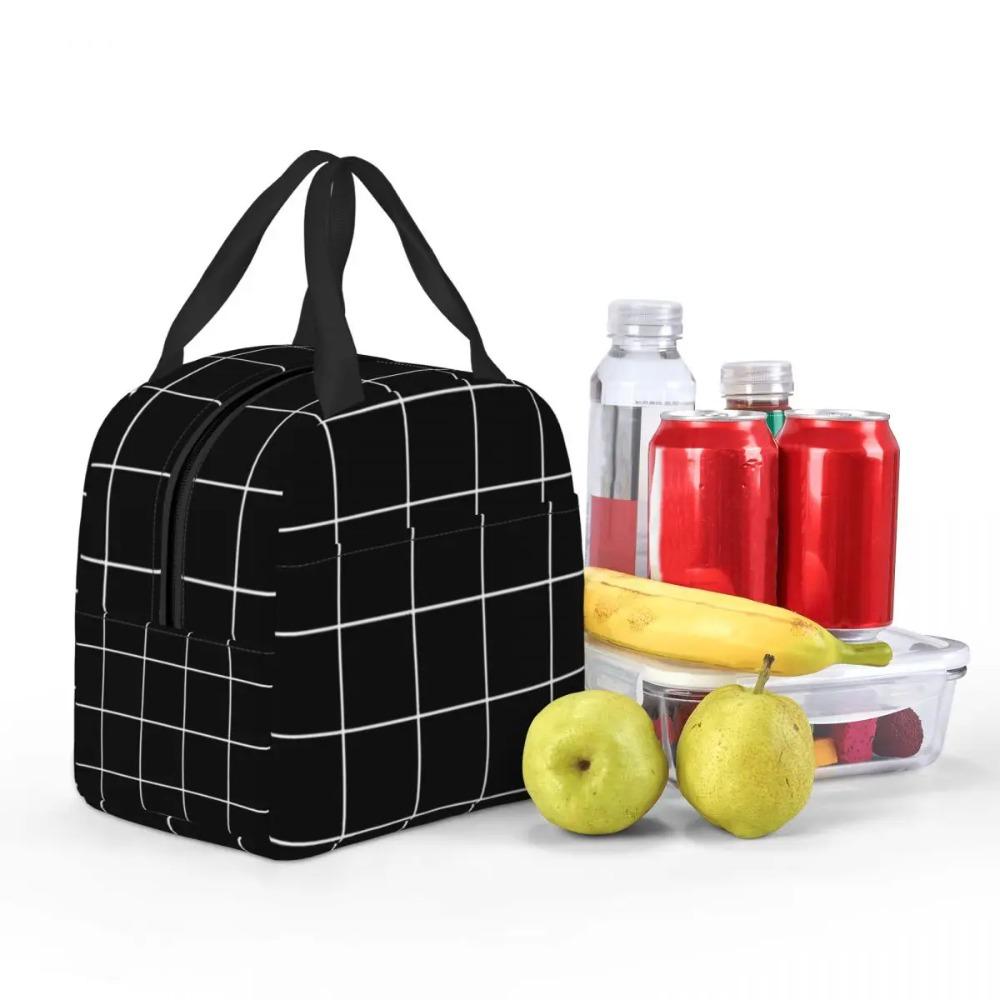 Black Checkered Insulated Lunch Bag for Women Kids Portable Food Boxes Thermal Lunch Box Tote