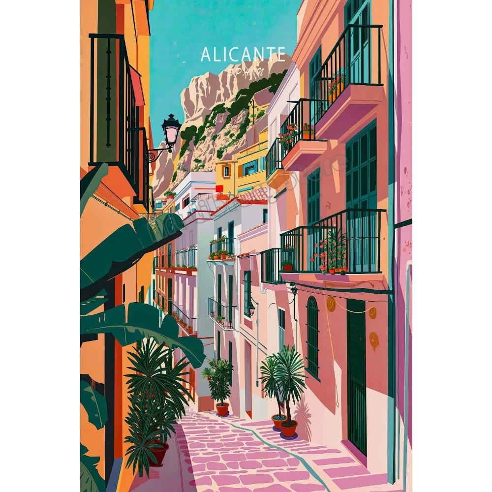 Retro Spain Cityscape Poster Nordic Style Canvas Print Coastal Architecture Art for Wall Decor