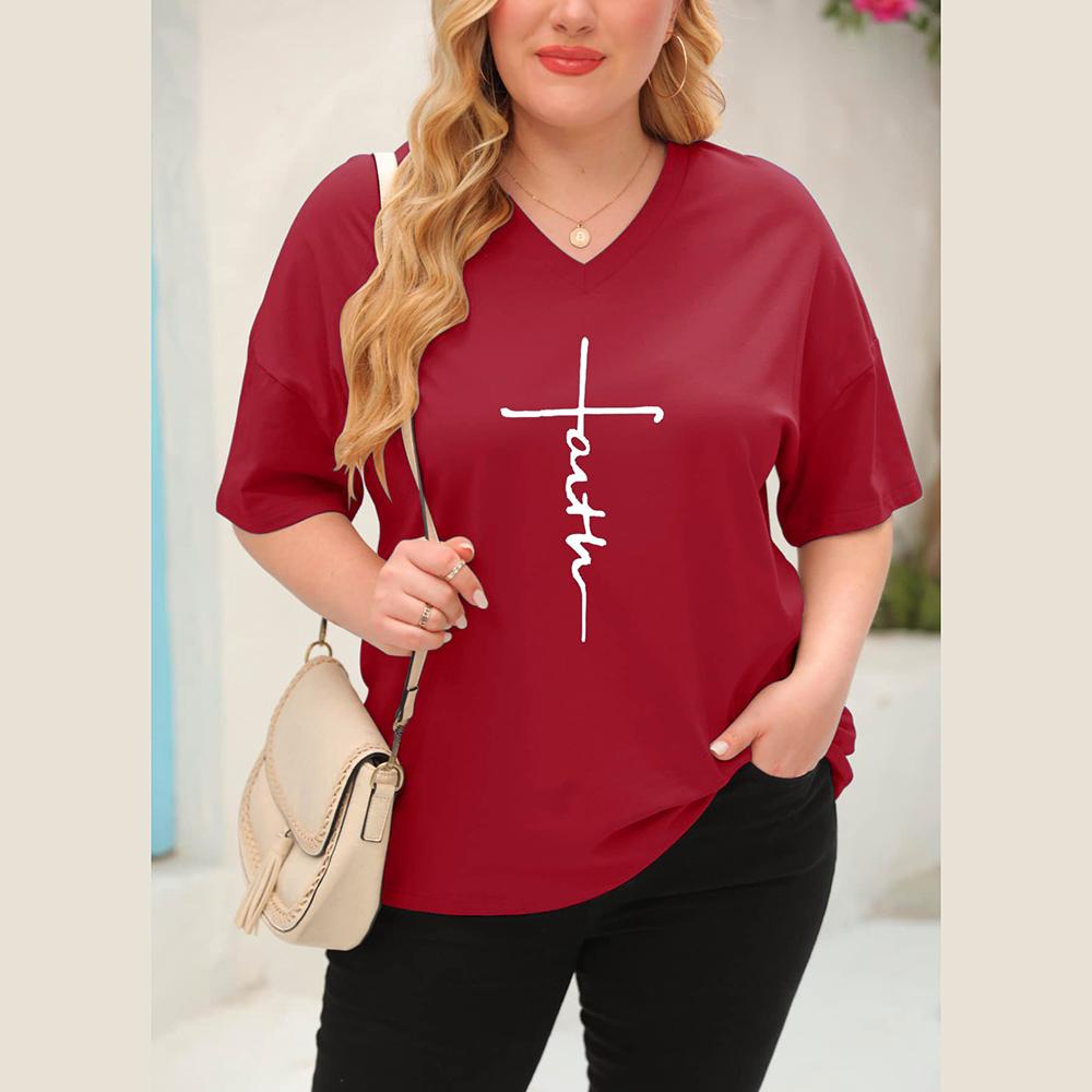 (XL~5XL) Женская однотонная свободная футболка с коротким рукавом с буквенным принтом — фото 5