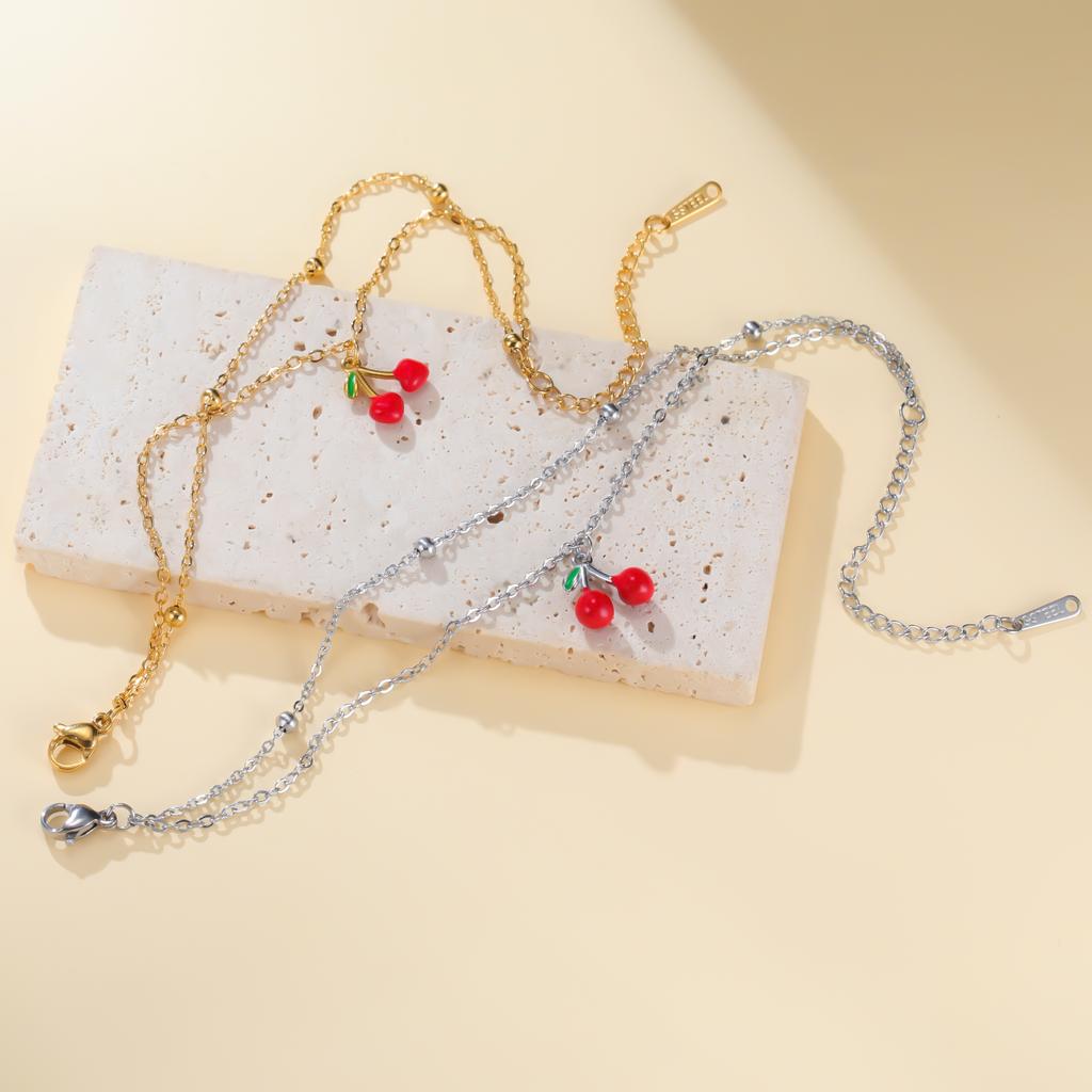Cazador Enamel Red Cherry Charm Bracelet For Woman Stainless Steel Double Layer Beads Chain Fashion Fruit Jewelry Gift