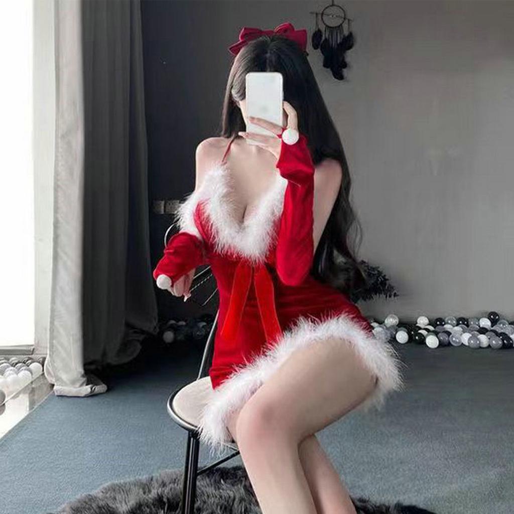 New Fun Underwear Plush Strap Sexy Sleeping Dress Christmas Girl Set Uniform Set