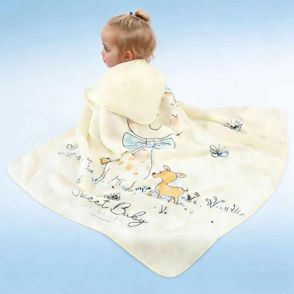 Cartoon Hooded Baby Swaddle & Bath Towel - Coral Fleece, Absorbent, Embroidered, Newborn To Toddler