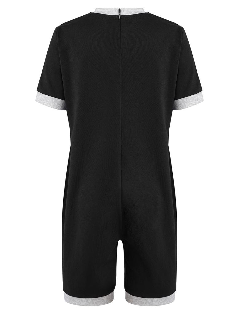 3Pcs Adaptive Anti-Strip Jumpsuit for Kids Back Invisible Zipper Round Neck Short Sleeve Contrast Color Thigh Length with Pocket