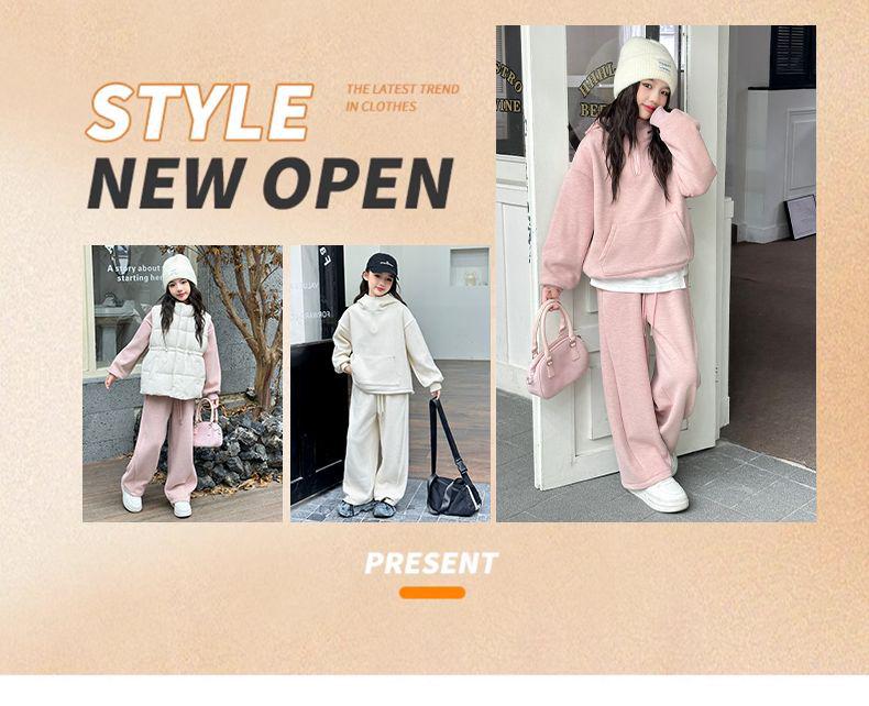 Girls' Fleece-Lined Sweatshirt Three-Piece Set - 2024 Autumn/Winter Trendy Casual Sportswear